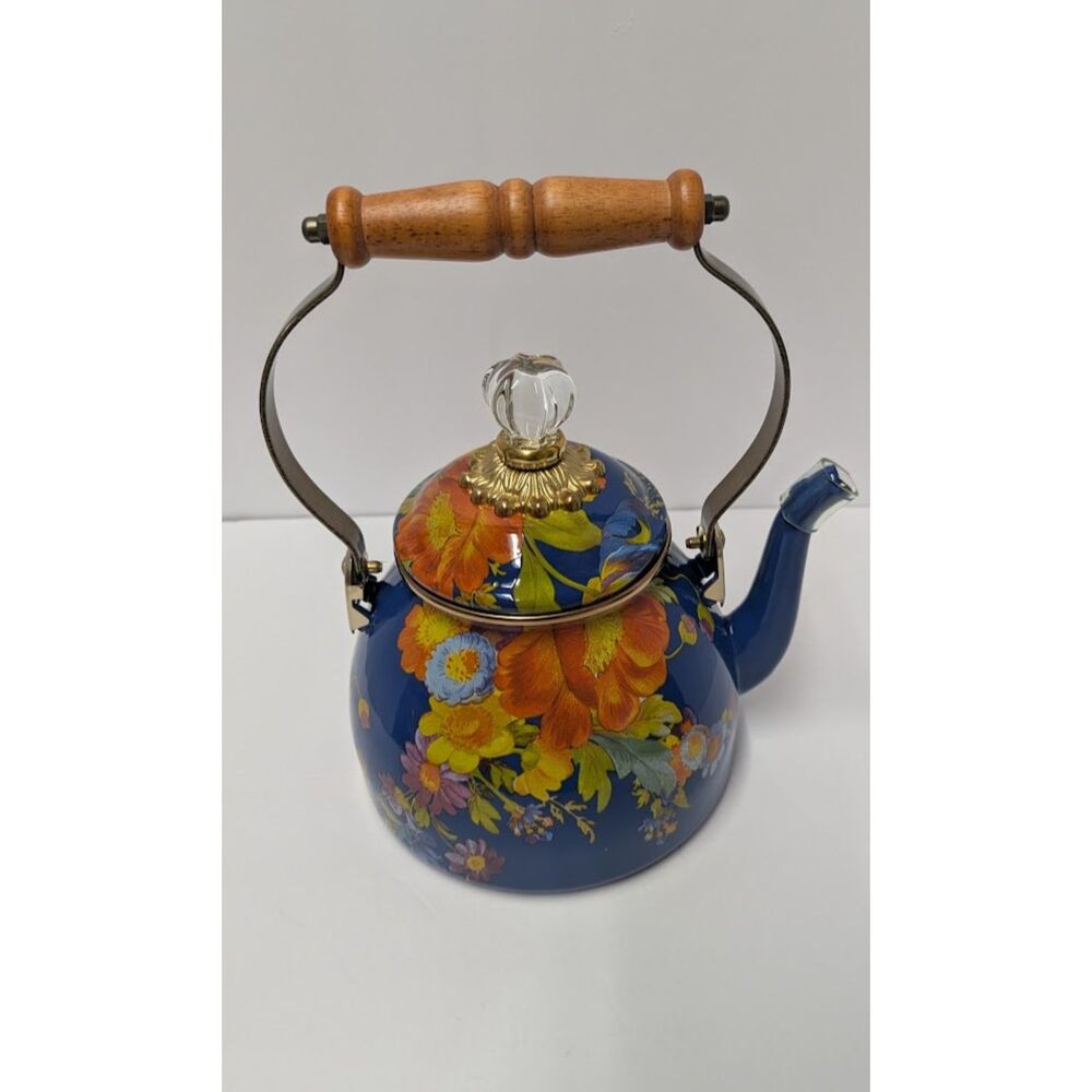 MacKenzie-Childs Flower Market 2-Quart Tea Kettle Lapis Blue Enamel Boxed